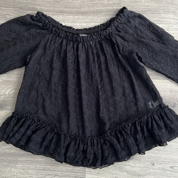 REBECCA TAYLOR Silk Blouse Sz. 0 Off The Shoulder Embroidered Black Whimsigoth - Picture 6 of 12
